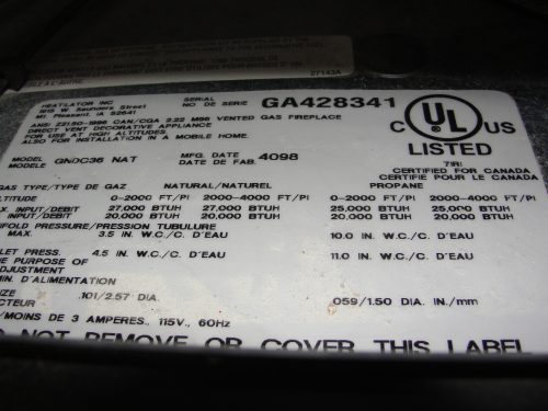 Gas fireplace model number close up