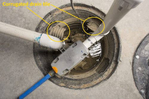 Corrugated drain tile in sump basket