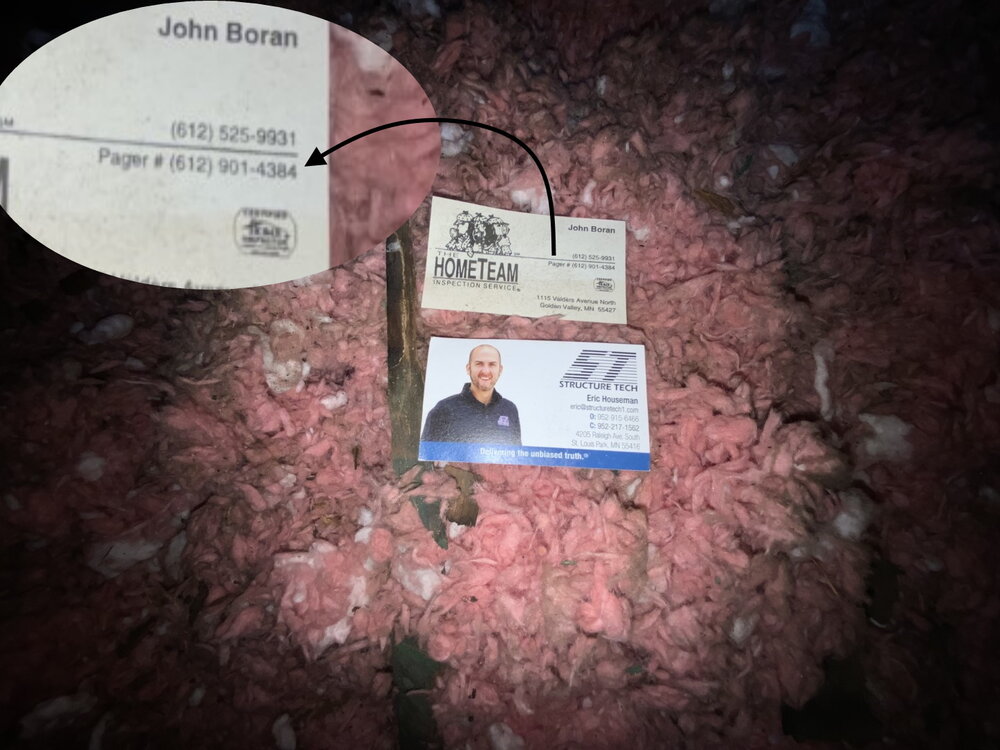 When we have to crawl to the farthest reaches of an attic or crawlspace, we like to leave a business card to show we were there. Apparently, we’re not alone. This business card, left by someone at The HomeTeam Inspection Service, features a pager number. Kudos to them!
