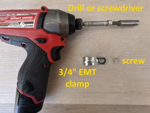 Drill, screw, emt clamp