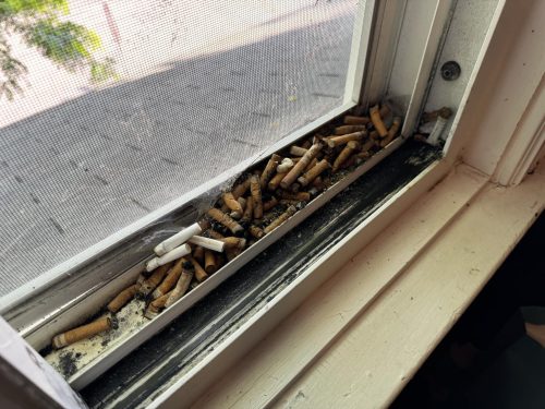 Cigarette Butts in window frame