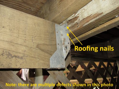 Roofing nails at joist hanger